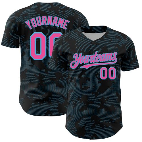 3DPattern13695 Custom Black Pink-Sky Blue Curve Lines Authentic Baseball Jersey