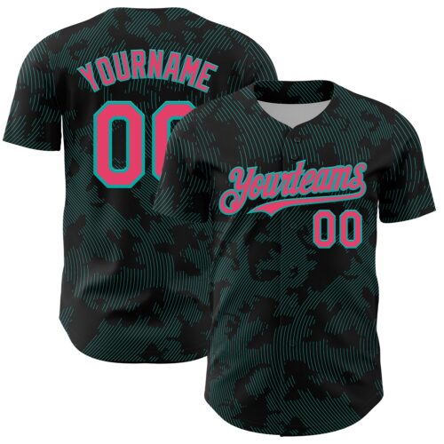 3DPattern13696 Custom Black Neon Pink-Aqua Curve Lines Authentic Baseball Jersey