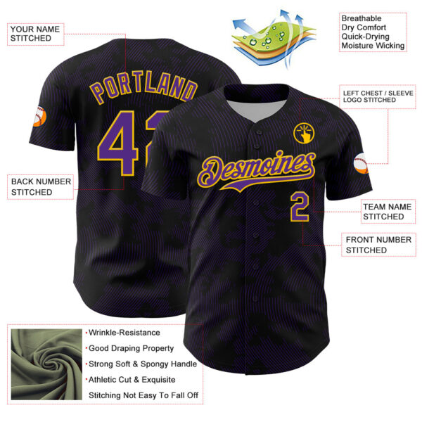 Custom Black Purple-Yellow Curve Lines Authentic Baseball Jersey