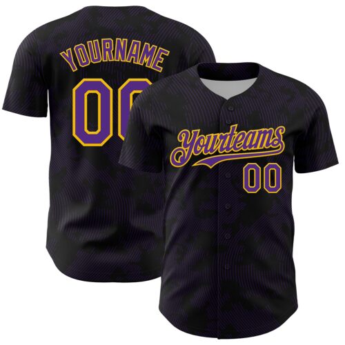 3DPattern13699 Custom Black Purple-Yellow Curve Lines Authentic Baseball Jersey