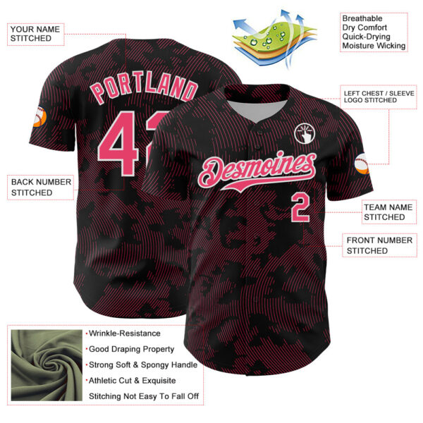 Custom Black Neon Pink-White Curve Lines Authentic Baseball Jersey