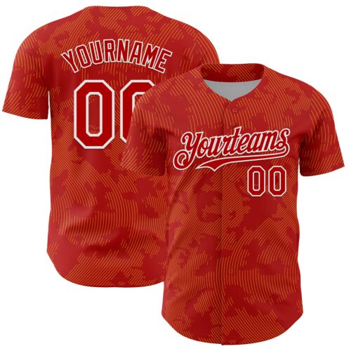 3DPattern13705 Custom Red Gold-White Curve Lines Authentic Baseball Jersey