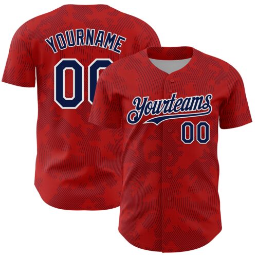 3DPattern13707 Custom Red Navy-White Curve Lines Authentic Baseball Jersey