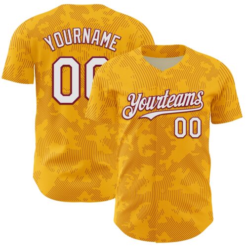 3DPattern13714 Custom Gold White-Crimson Curve Lines Authentic Baseball Jersey