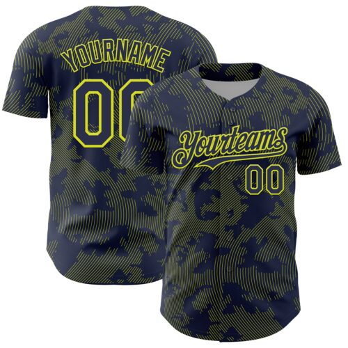 3DPattern13717 Custom Navy Neon Yellow Curve Lines Authentic Baseball Jersey