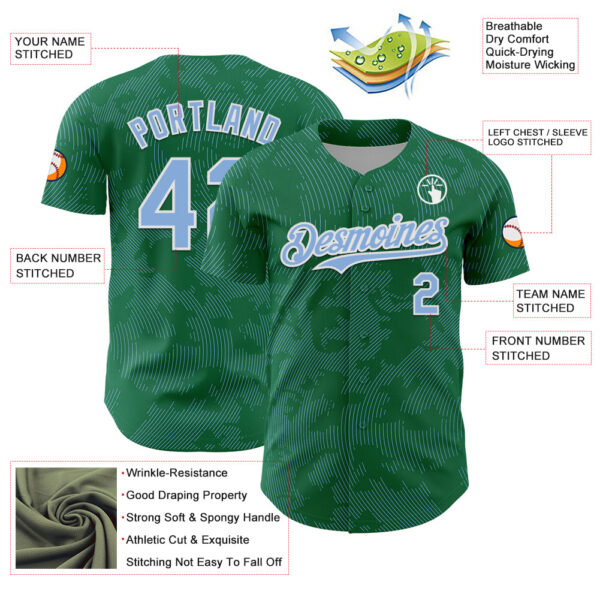 Custom Kelly Green Light Blue-White Curve Lines Authentic Baseball Jersey