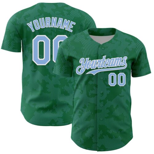 3DPattern13722 Custom Kelly Green Light Blue-White Curve Lines Authentic Baseball Jersey
