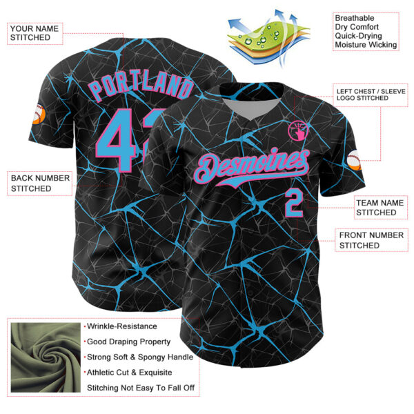 Custom Black Sky Blue-Pink 3D Pattern Design Abstract Network Authentic Baseball Jersey