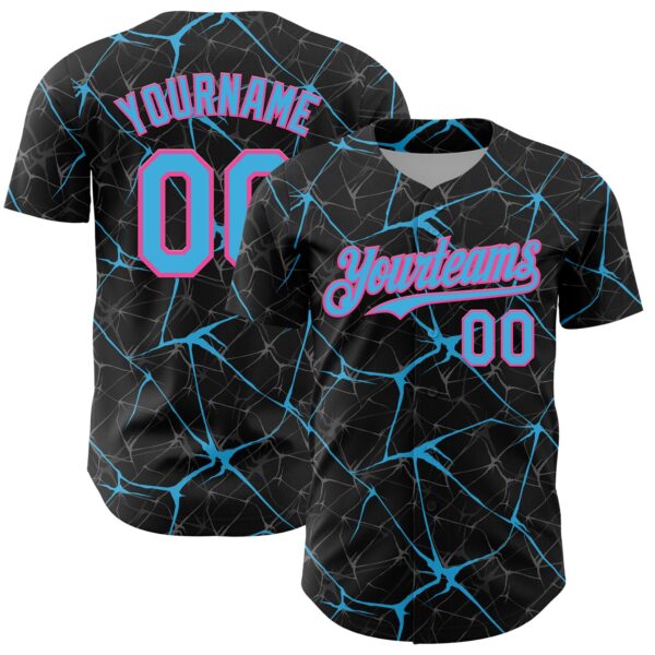 Custom Black Sky Blue-Pink 3D Pattern Design Abstract Network Authentic Baseball Jersey