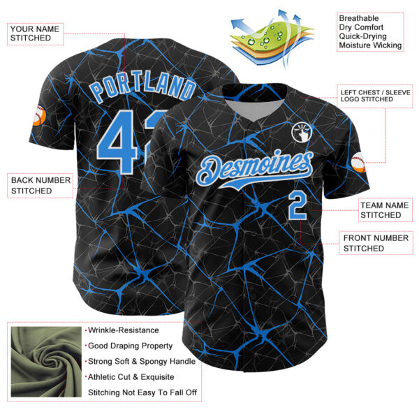 Custom Black Electric Blue-White 3D Pattern Design Abstract Network Authentic Baseball Jersey