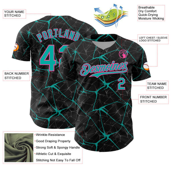 Custom Black Aqua-Pink 3D Pattern Design Abstract Network Authentic Baseball Jersey