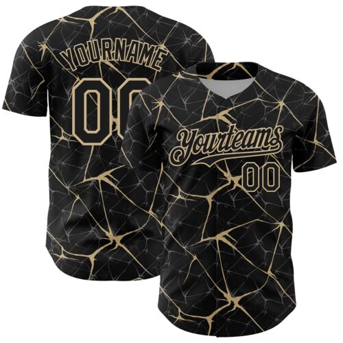 Custom Black Vegas Gold 3D Pattern Design Abstract Network Authentic Baseball Jersey