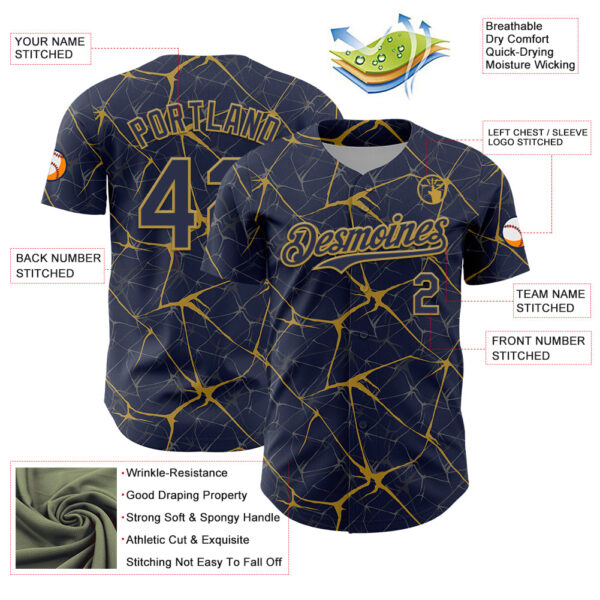 Custom Navy Old Gold 3D Pattern Design Abstract Network Authentic Baseball Jersey
