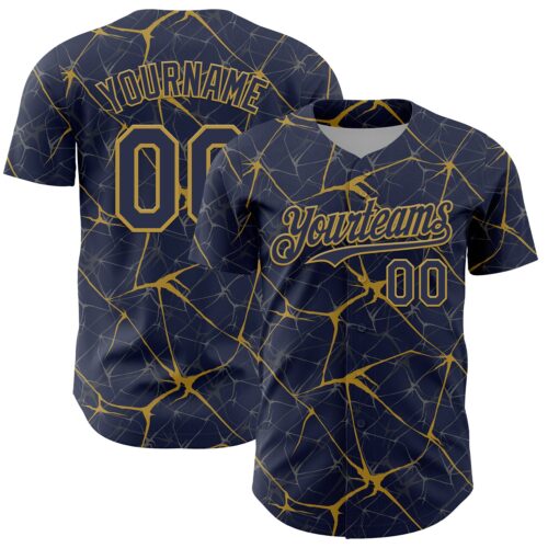 3DPattern13740 Custom Navy Old Gold 3D Pattern Design Abstract Network Authentic Baseball Jersey