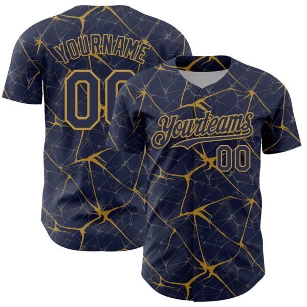 Custom Navy Old Gold 3D Pattern Design Abstract Network Authentic Baseball Jersey