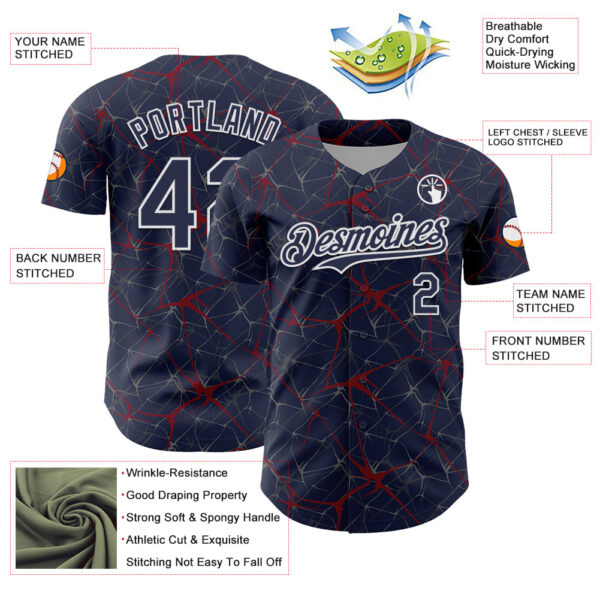 Custom Navy Crimson-White 3D Pattern Design Abstract Network Authentic Baseball Jersey