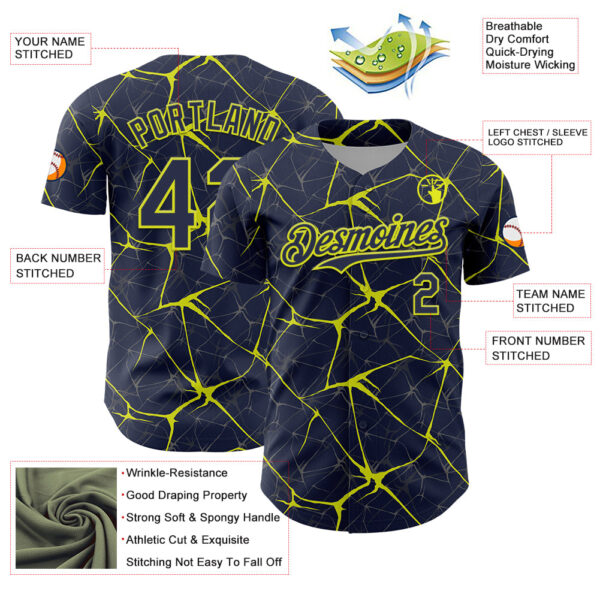 Custom Navy Neon Yellow 3D Pattern Design Abstract Network Authentic Baseball Jersey