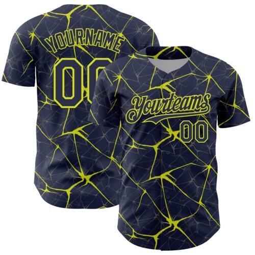 3DPattern13743 Custom Navy Neon Yellow 3D Pattern Design Abstract Network Authentic Baseball Jersey