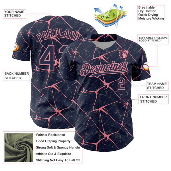 Custom Navy Medium Pink 3D Pattern Design Abstract Network Authentic Baseball Jersey