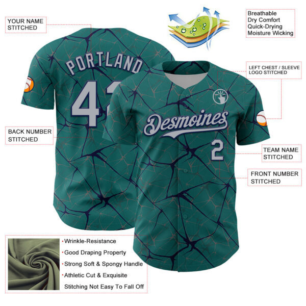 Custom Teal Gray-Navy 3D Pattern Design Abstract Network Authentic Baseball Jersey