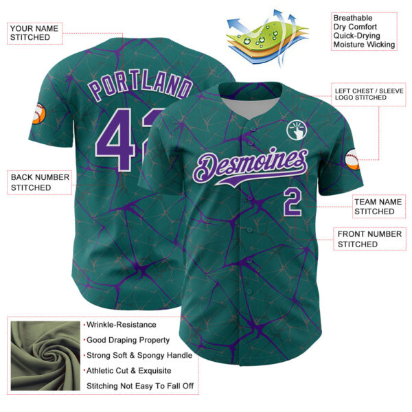 Custom Teal Purple-White 3D Pattern Design Abstract Network Authentic Baseball Jersey
