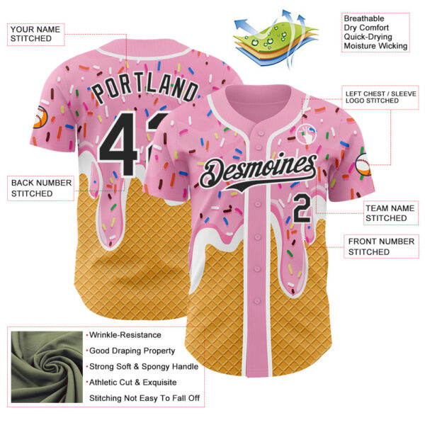 Custom Light Pink Black Yellow-White Foodie Food Dessert Melting Cream Waffle Grid Authentic Baseball Jersey