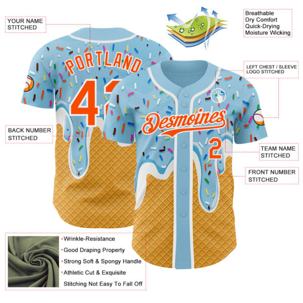 Custom Electric Blue Orange Yellow-White Foodie Food Dessert Melting Cream Waffle Grid Authentic Baseball Jersey