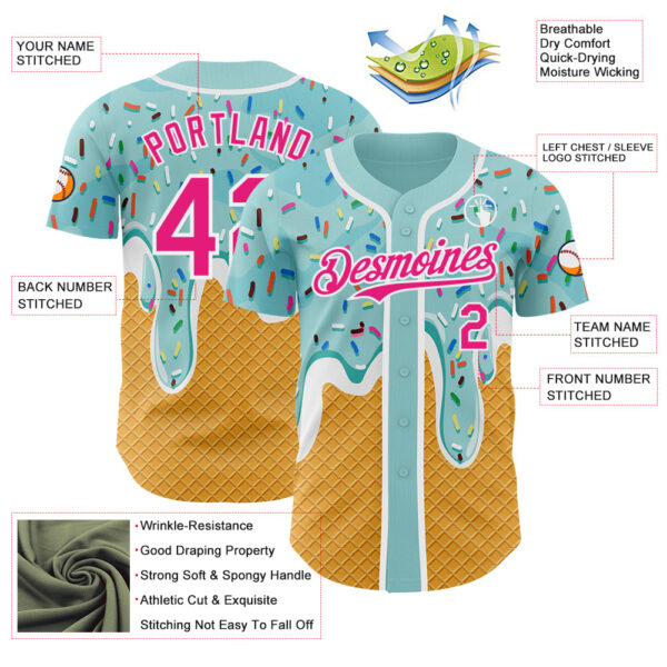 Custom Ice Blue Hot Pink Yellow-White Foodie Food Dessert Melting Cream Waffle Grid Authentic Baseball Jersey