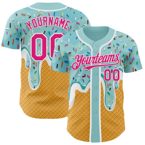 Custom Ice Blue Hot Pink Yellow-White Foodie Food Dessert Melting Cream Waffle Grid Authentic Baseball Jersey