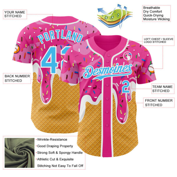 Custom Pink Sky Blue Yellow-White Foodie Food Dessert Melting Cream Waffle Grid Authentic Baseball Jersey