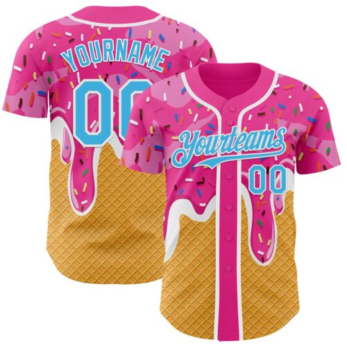 3DPattern13988 Custom Pink Sky Blue Yellow-White Foodie Food Dessert Melting Cream Waffle Grid Authentic Baseball Jersey