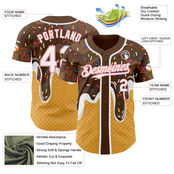 Custom Brown White Yellow-Medium Pink Foodie Food Dessert Melting Cream Waffle Grid Authentic Baseball Jersey