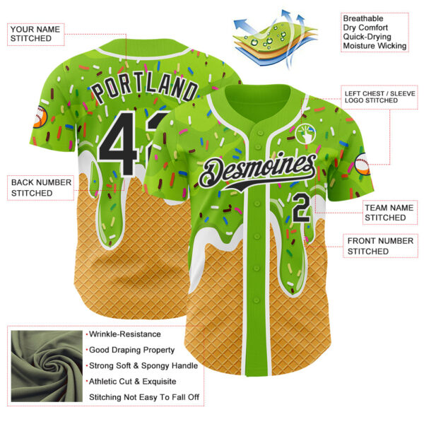 Custom Neon Green Black Yellow-White Foodie Food Dessert Melting Cream Waffle Grid Authentic Baseball Jersey