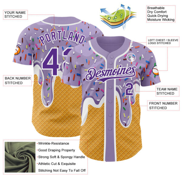 Custom Light Purple Purple Yellow-White Foodie Food Dessert Melting Cream Waffle Grid Authentic Baseball Jersey