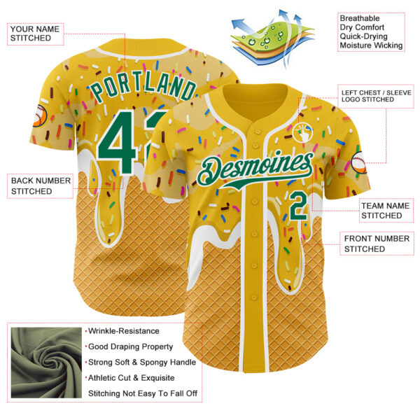 Custom Yellow Kelly Green-White Foodie Food Dessert Melting Cream Waffle Grid Authentic Baseball Jersey