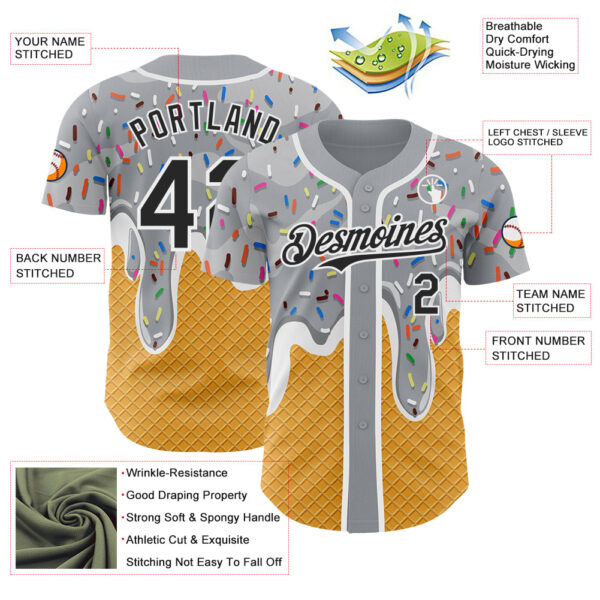 Custom Gray Black Yellow-White Foodie Food Dessert Melting Cream Waffle Grid Authentic Baseball Jersey