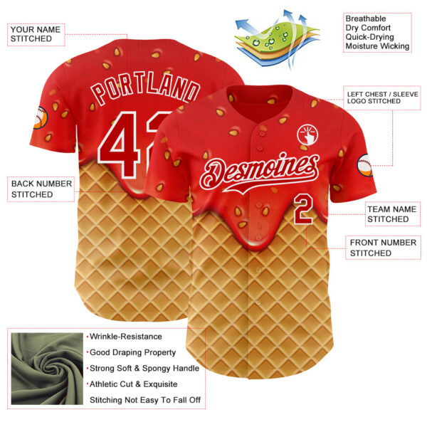 Custom Red Yellow-White Foodie Food Dessert Melting Cream Waffle Grid Authentic Baseball Jersey