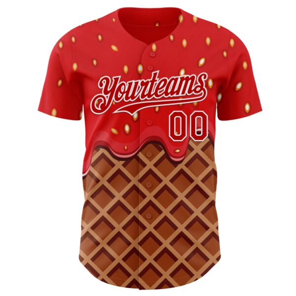 Custom Red Brown-White Foodie Food Dessert Melting Cream Waffle Grid Authentic Baseball Jersey
