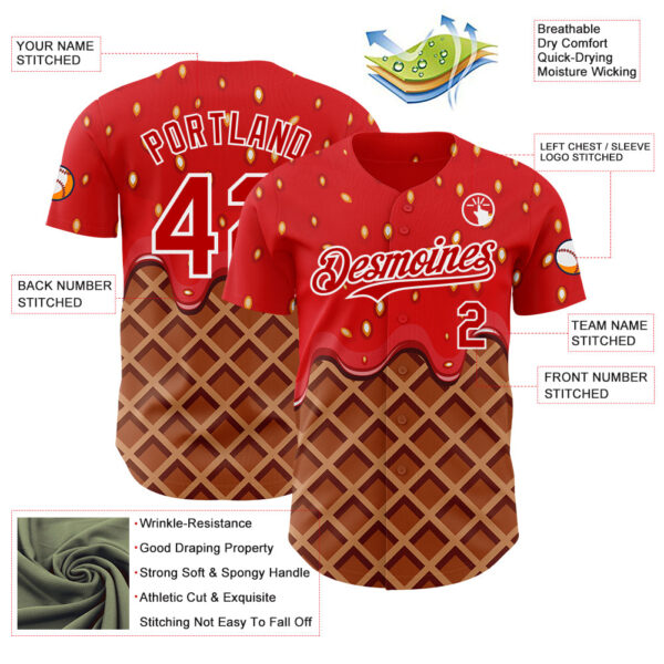 Custom Red Brown-White Foodie Food Dessert Melting Cream Waffle Grid Authentic Baseball Jersey