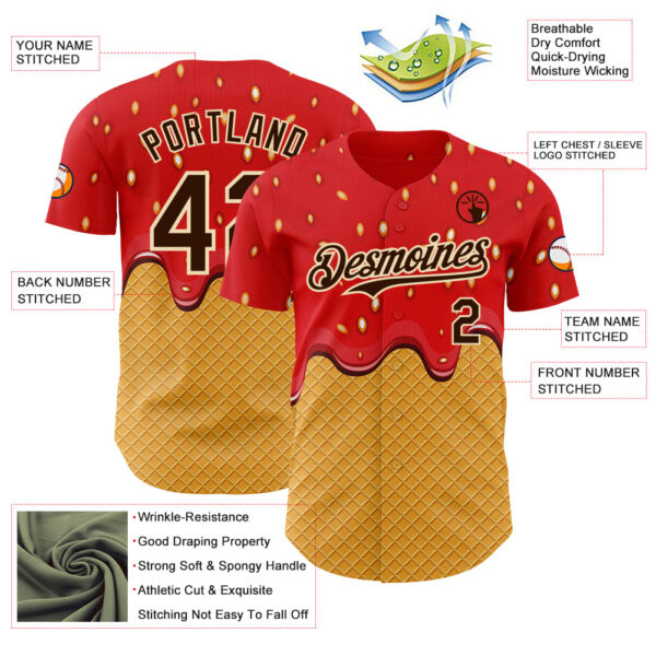 Custom Red Brown Yellow-Cream Foodie Food Dessert Melting Cream Waffle Grid Authentic Baseball Jersey