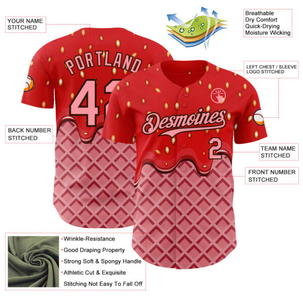 Custom Red Medium Pink-Brown Foodie Food Dessert Melting Cream Waffle Grid Authentic Baseball Jersey