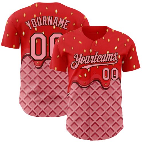 3DPattern13999 Custom Red Medium Pink-Brown Foodie Food Dessert Melting Cream Waffle Grid Authentic Baseball Jersey