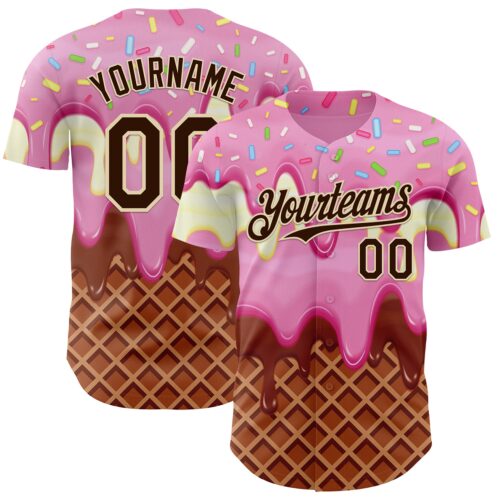 3DPattern14000 Custom Light Pink Brown-Cream Foodie Food Dessert Melting Cream Waffle Grid Authentic Baseball Jersey