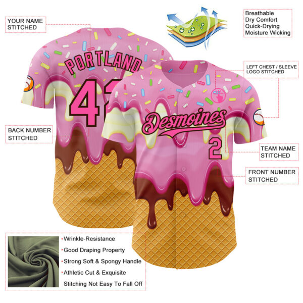 Custom Light Pink Pink Yellow-Brown Foodie Food Dessert Melting Cream Waffle Grid Authentic Baseball Jersey