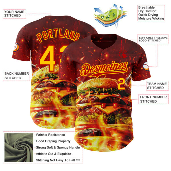 Custom Red-Yellow Foodie Fast Food Burger Authentic Baseball Jersey