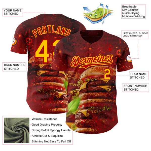 Custom Red-Yellow Foodie Fast Food Burger Authentic Baseball Jersey