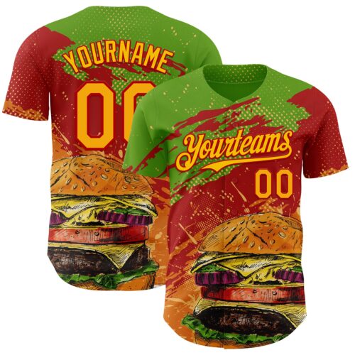 3DPattern14005 Custom Aurora Green Yellow-Red Foodie Fast Food Burger Authentic Baseball Jersey