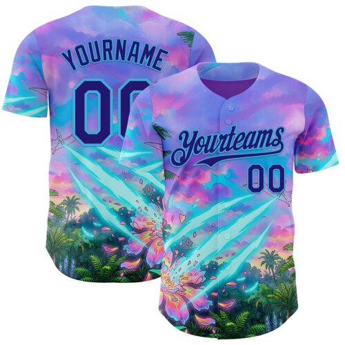3DPattern14903 Custom Purple Dark Purple Pink-Sky Blue Cyber Tropical Palm Trees Psychedelic Sky Authentic Baseball Jersey