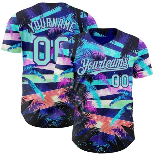 3DPattern14905 Custom Blue Ice Blue-Purple Cyber Tropical Palm Trees Music Festival Authentic Baseball Jersey