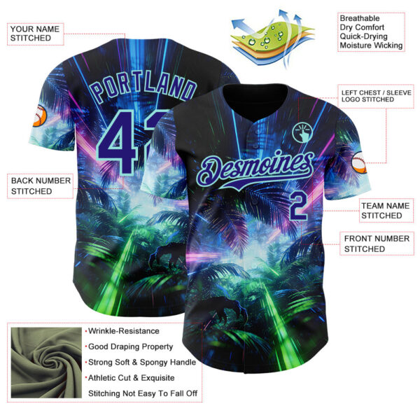 Custom Black Dark Purple-Ice Blue Cyber Tropical Palm Trees Dinosaur Gothic Fantasy Authentic Baseball Jersey